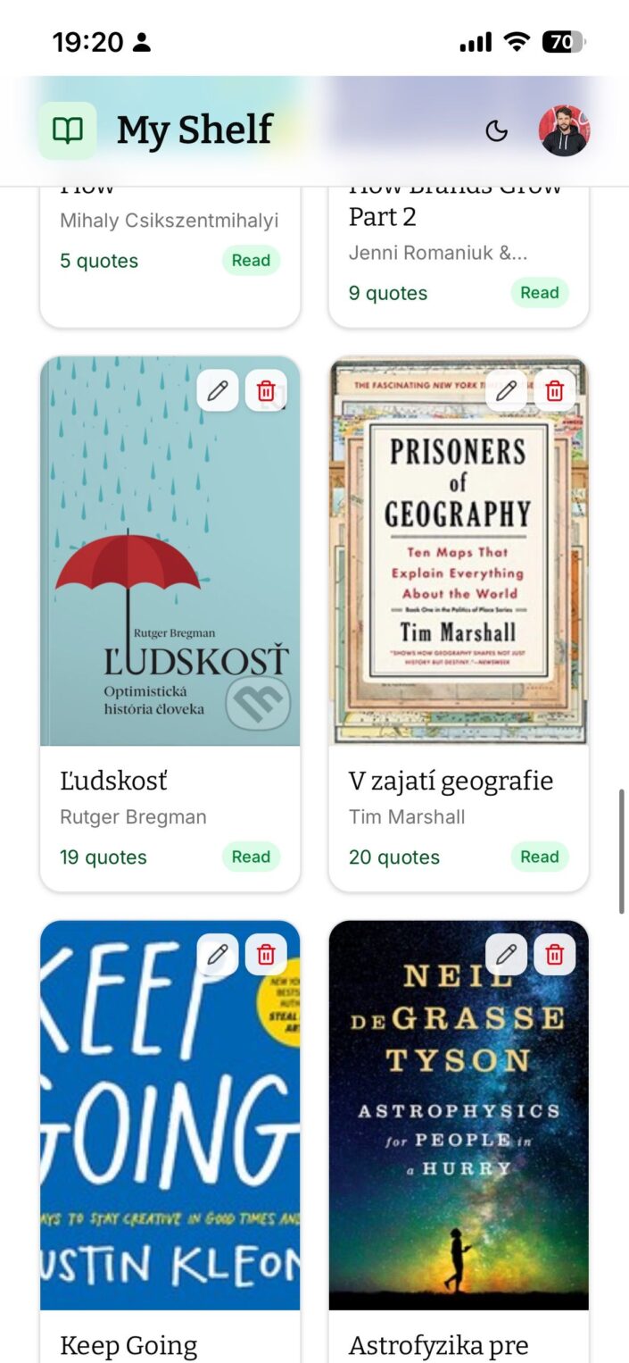 Screenshot of Bookmaker's My Shelf screen: book covers such as Ľudskosť by Rutger Bregman and Prisoners of Geography by Tim Marshall, each with its number of saved quotes