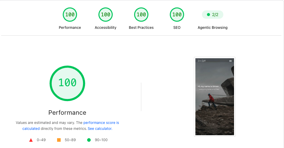 Lighthouse report for the simonsiplak.com homepage on mobile, scoring 100 for Performance, Accessibility, Best Practices and SEO, and 2 out of 2 for Agentic Browsing.